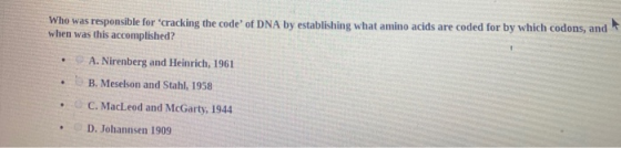 Who was responsible for cracking the code of DNA by establishing what amino acids are coded for by which codons, and when w