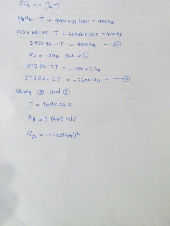 EF=G (+) MBNR-T + 400x9.81 oslo = 400 AB 0.13 x 681.39-T + 400.9.811810 = 400 Az 3952.96-T = 400am - @ QA = -293 sub in 5713.