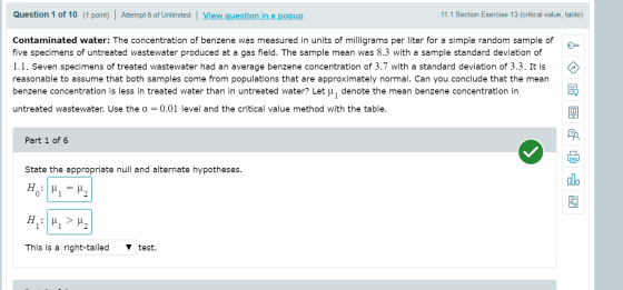 Question 1 of 10 (1 point) | Attempt 6 of Unlimited View question in a popup 11.1 Section Exercise 13 (critical value, table)