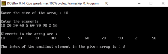 38. DOSBox 0.74, Cpu speed: max 100% cycles, Frameskip 0, Program: TC - х 10 Enter the size of the array Enter the elements 1