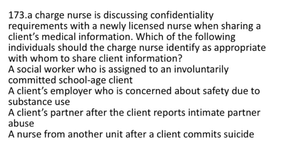 173.a charge nurse is discussing confidentiality requirements with a newly licensed nurse when sharing a clients medical inf