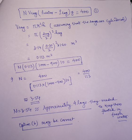IN Veog ( Sirates - Ilag) g = 400) 0 Veog= r²h (assuming that the logs are cylindrical) - tuding) hing = 3:14 (0:30) 8x1.60 m