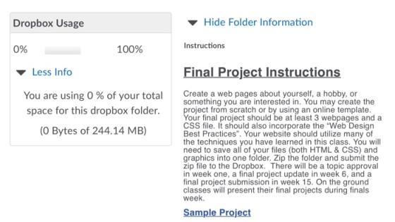 Dropbox Usage Hide Folder Information 0% 100% Instructions Less Info Final Project Instructions You are using 0 % of your tot