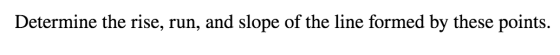 Determine the rise, run, and slope of the line formed by these points.