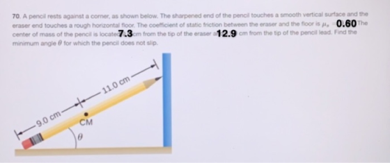 70. A pencil rests against a corner, as shown below. The sharpened end of the pencil touches a smooth vertical surface and th