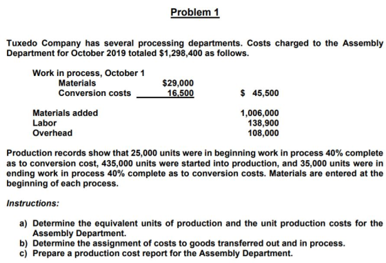 Problem 1 Tuxedo Company has several processing departments. Costs charged to the Assembly Department for October 2019 totale