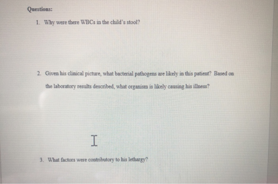 Questions Why were there WBCs in the childs stool? 1. 2. Given his clinical picture, what bacterial pathogens are likely in