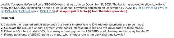 Lowlife Company defaulted on a $190,000 loan that was due on December 31, 2021. The bank has agreed to allow Lowlife to repay
