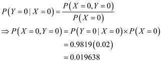 P(Y =0|X = 0)=P(X = 0, y = 0) P(X =0) = P(x = 0, = 0) = P(Y =0|X = 0)*P(X =0) = 0.9819(0.02) = 0.019638
