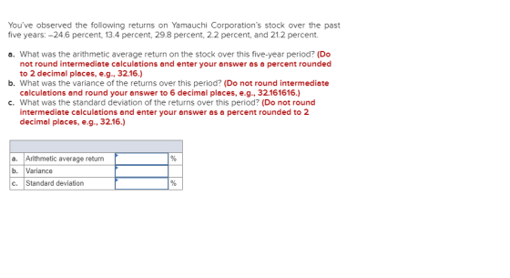 Youve observed the following returns on Yamauchi Corporations stock over the past five years: -24.6 percent, 13.4 percent,