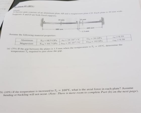 A thenno gate consists of an aluminum plate AR and a mam pe Supports A and D are both fixed suppots 10 10 600 m Assume the fo