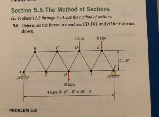 Section 5.5 The Method of Sections For Problems 5.8 through 5.14, use the method of sections. 5.8 Determine the forces in mem