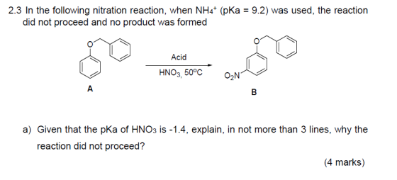 2.3 In the following nitration reaction, when NH4+ (pka = 9.2) was used, the reaction did not proceed and no product was form