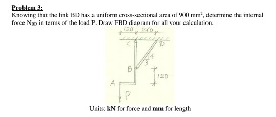 Problem 3: Knowing that the link BD has a uniform cross-sectional area of 900 mm, determine the internal force Nsp in terms o