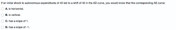 If an initial shock to autonomous expenditures of 40 led to a shift of 40 in the AD curve, you would know that the corresponding AE curve O A. is horizontal. B. is vertical. C. has a slope of 1. D. has a slope of -1.
