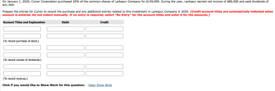 On January 1, 2020, Culver Corporation purchased 20% of the common shares of Larkspur Company for $159,000. During the year,