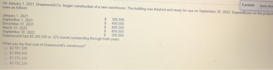 5 points Save Ang On January 1, 2021, Dreamworld Co began construction of a new warehouse. The building was finished and read