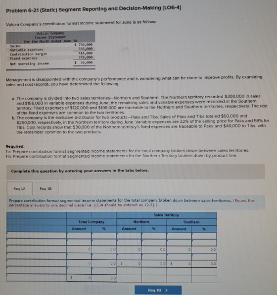 Problem 6-21 (Static) Segment Reporting and Decision-Making (LO6-4] Vulcan Companys contribution format income statement for