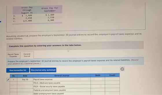 Gross Pay through August 31 $ 5,400 2.450 123,000 Gross Pay for September $ 2,400 2,550 8,90€ b. c. Assuming situation relate