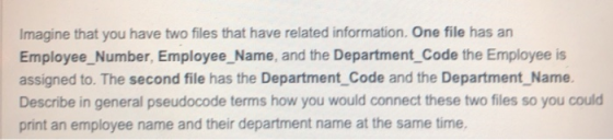 Imagine that you have two files that have related information. One file has an Employee_Number, Employee_Name, and the Depart