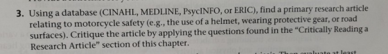 3. Using a database (CINAHL, MEDLINE, PsycINFO, or ERIC), find a primary research article relating to motorcycle safety (e..,