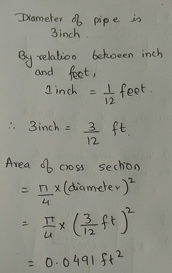 Diameter d pip e in 3inch Gy relation behoeen inch and inch feet 12 ↑ 3inch 3 ft 12 Area 2 = 0.0491 ft2