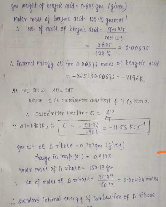 gm weight of benzoic auid = 0.825 gm given) Molar mass of benzoic acid = 122112 gmmort u No. of motes of benzoic acid = am wt