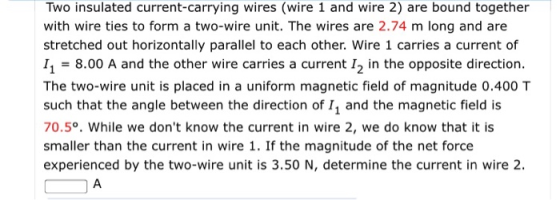 Two insulated current-carrying wires (wire 1 and wire 2) are bound together with wire ties to form a two-wire unit. The wires