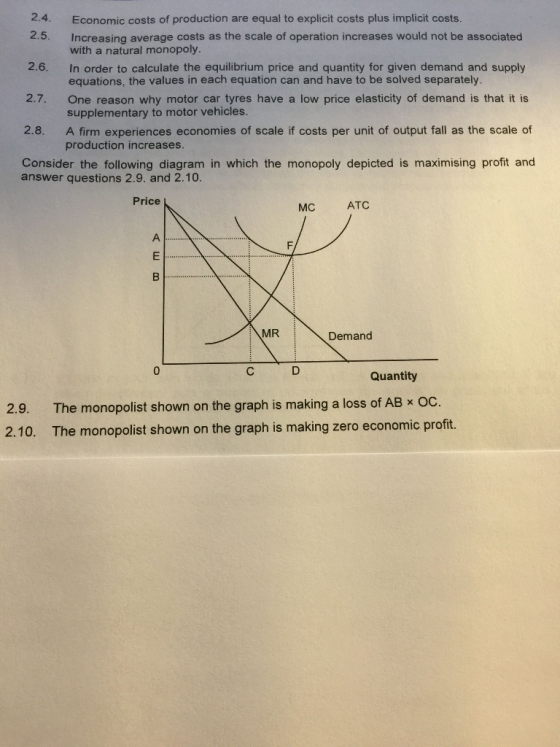 2.4 2.5 Economic costs of production are equal to explicit costs plus implicit costs. Increasing average costs as the scale o
