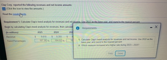 Clap Corp. reported the following revenues and net income amounts: Click the icon to view the amounts.) Read the requirements