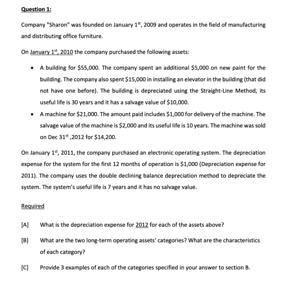 Question 1: Company Sharon was founded on January 1st, 2009 and operates in the field of manufacturing and distributing off