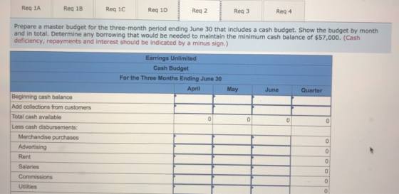 Reg 1A Reg 1B Req 1C Req 10 Reg 2 Req3 Reg 4 Prepare a master budget for the three-month period ending June 30 that includes