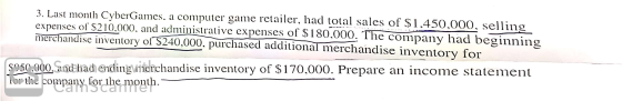 3. Last month CyberGames. a computer game retailer, had total sales of $1,450,000, selling expenses of S210.000. and administ