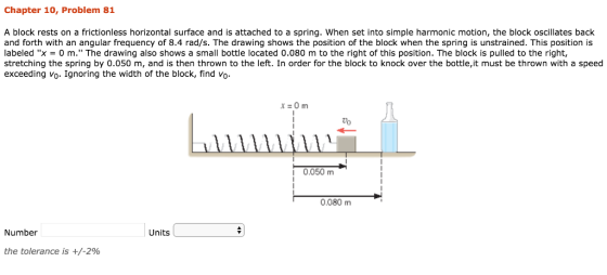 Chapter 10, Problem 81 A block rests on a frictionless horizontal surface and is attached to a spring. When set into simple harmonic motion, the block oscillates back and forth with an angular frequency of 8.4 rad/s. The drawing shows the position of the block when the spring is unstrained. This position is labeled X = 0 m. The drawing also shows a small bottle located 0.080 m to the right of this position. The block is pulled to the right, stretching the spring by 0.050 m, and is then thrown to the left. In order for the block to knock over the bottle,it must be thrown with a speed exceeding Vo Ignoring the width of the block, find vo i 0.050 m 0.080 m Number Units the tolerance is +/-2%