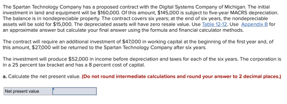 The Spartan Technology Company has a proposed contract with the Digital Systems Company of Michigan. The initial investment i