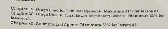 Chapter 19: Drugs Used for Pa Chapter 30: Drugs Used to Tre lesson #1 in Management-Maximum 34% for lesson #1 at Lowe r Respiratory Disease-Maximum 33% for Chapter 45: Antimicrobial Agents-Maximum 33% for lesson #1