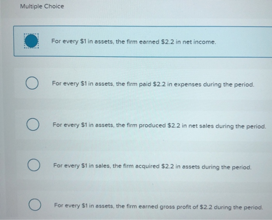 Multiple Choice For every $1 in assets, the firm earned $2.2 in net income. For every $1 in assets, the firm paid $2.2 in exp