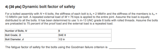 4) [30 pts] Dynamic bolt factor of safety For a bolted assembly with N = 6 bolts, the stiffness of each bolt is ko = 2 Mibfli