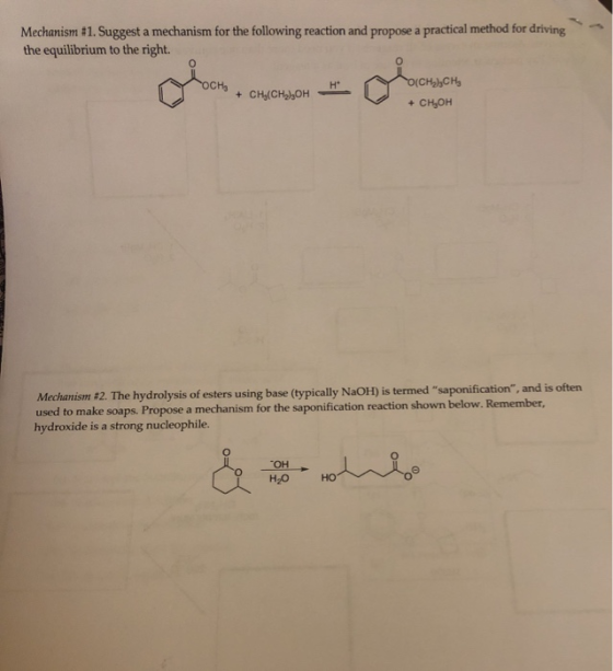 Mechanism #1. Suggest a mechanism for the following reaction and propose a practical method for driving the equilibrium to th