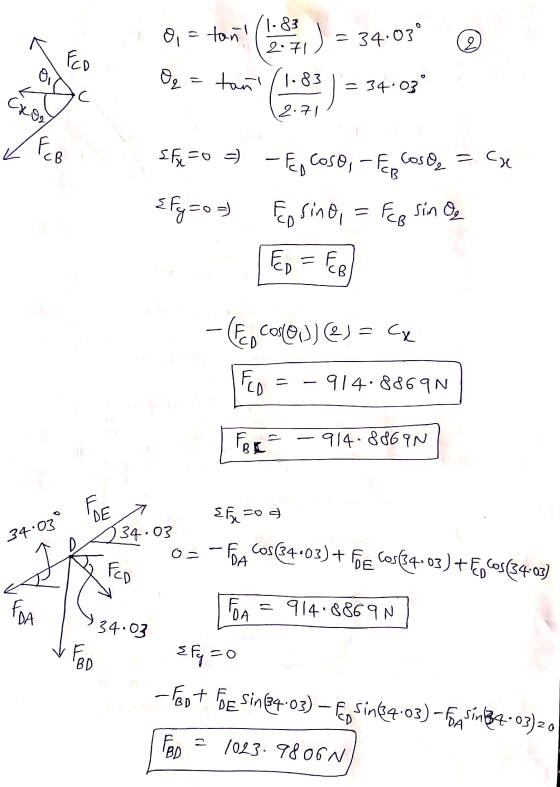 o = tan! Eco (1.83 2:71 Oq = tani tani/1-83 = 34.03 c Cxor 2.71 < PCB co EFG =0 = - Ep Coso, - FEB coso, - Сх {Fy=0) Eosino,