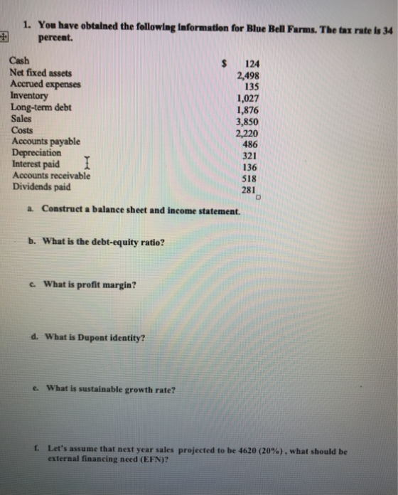 + 1. You have obtained the following Information for Blue Bell Farms. The tax rate is 34 percent. Cash Net fixed assets Accru