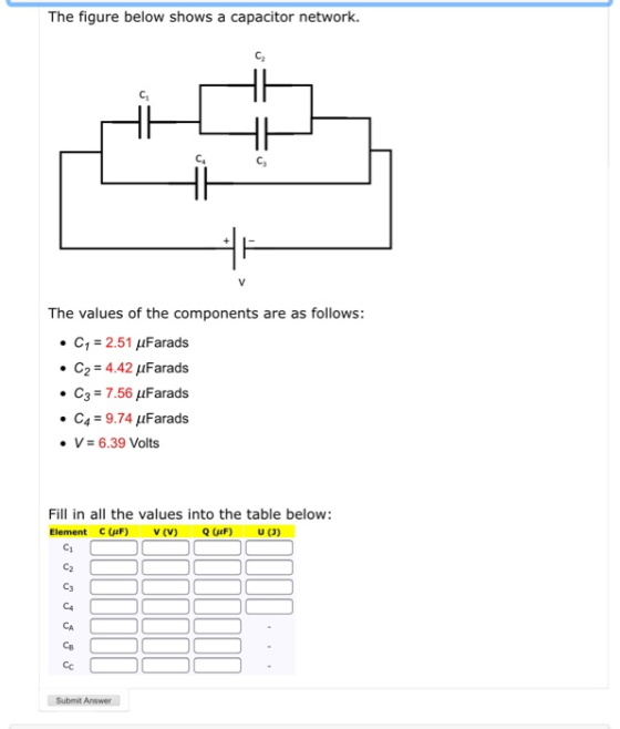 The figure below shows a capacitor network. C CH The values of the components are as follows: • C1 = 2.51 uFarads • C2 = 4.42