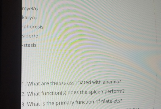 myello karylo -phoresis sider/o -stasis 1. What are the s/s associated with anemia? 12. What function(s) does the spleen perf