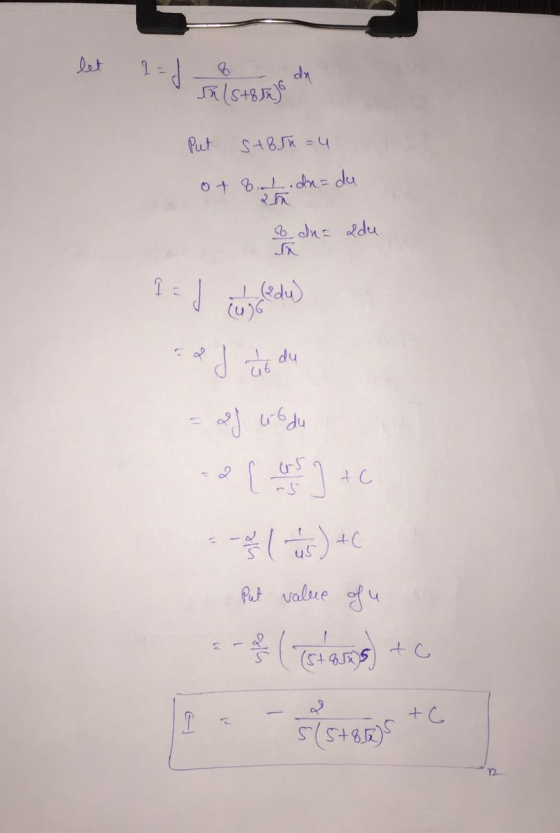 let 1=1 - & In 18+84) de Put S+854 = 4 of t. da-du o du= adu. 1=concedu) -2 { us ] to - - - / ( 1 ) + c Put value of a - (Est