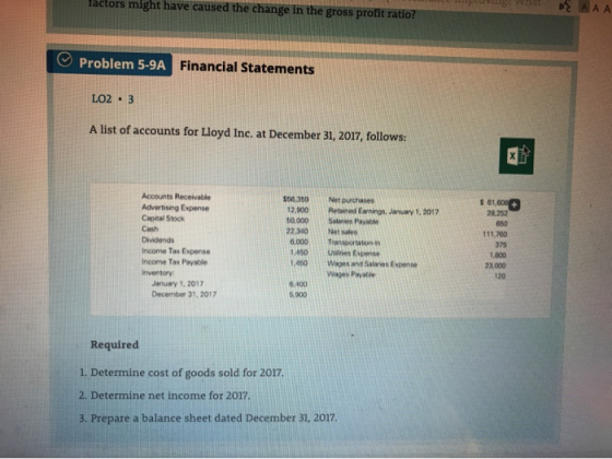 factors might have caused the change in the gross profit ratio? po Vill WHAA AA Problem 5-9A Financial Statements LO2 · 3 A l