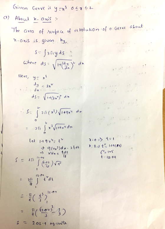 a Abouts area of Aur aa of re Voluonf urve ahout m-ors is gien by Here, y: 3 Es t1204 ts 12.y tA