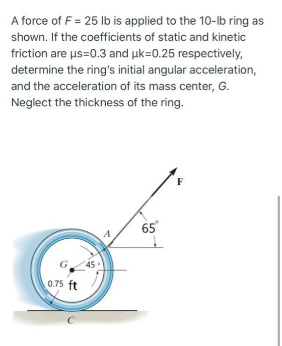 A force of F = 25 lb is applied to the 10-lb ring as shown. If the coefficients of static and kinetic friction are us=0.3 and