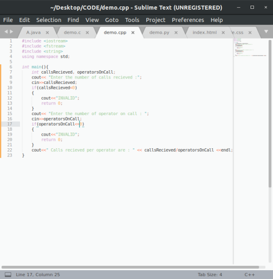 - 0 x -/Desktop/CODE/demo.cpp - Sublime Text (UNREGISTERED) File Edit Selection Find View Goto Tools Project Preferences Help