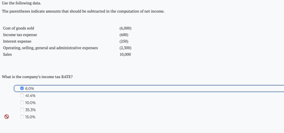 Use the following data The parentheses indicate amounts that should be subtracted in the computation of net income. Cost of goods sold Income tax expense Interest expense Operating, selling, general and administrative expenses Sales 6,000) (600) (250) (2,300) 10,000 What is the companys income tax RATE? a 6.0% 41.4% 10.0% 35.3% 15.0%