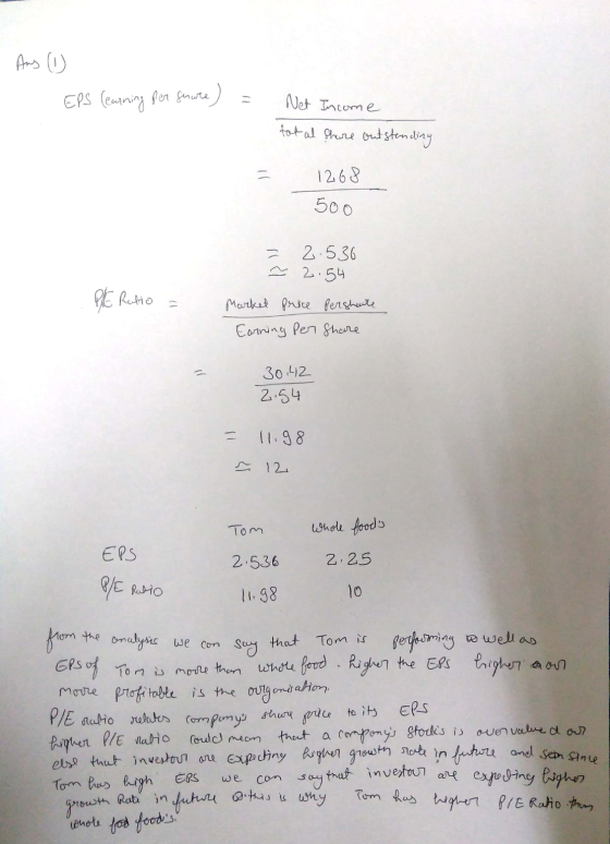 Ans (1) EPS (earning per senare ) = Net Income total share outstanding 1268 500 PRE Ratio = = 2.536 7 2.54 Market Price persh
